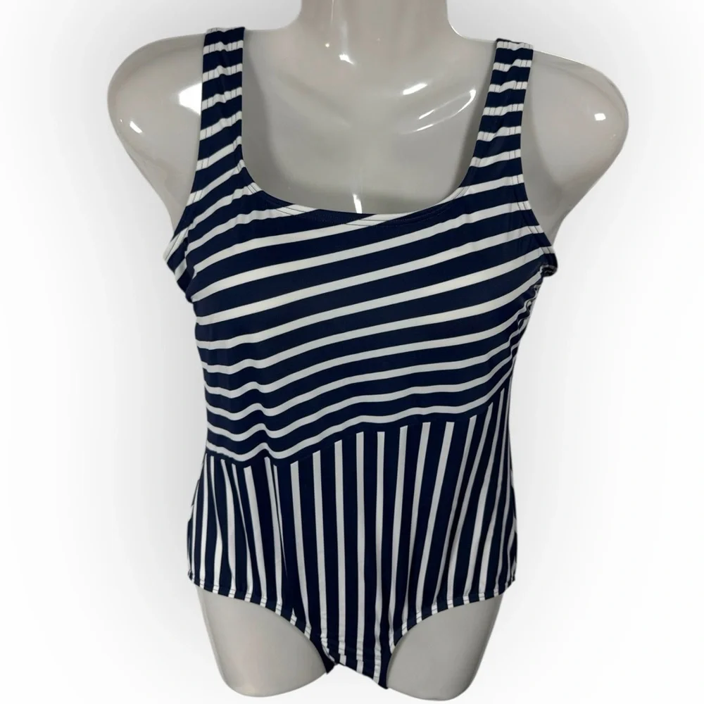 NWOT Lands End Striped Scoop Neck‎ Tugless Sporty Swimsuit Blue White 6P